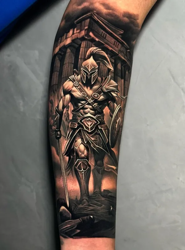 Realistisches Krieger-Tattoo auf dem Unterarm